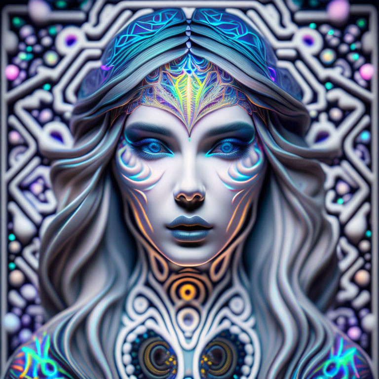 Intricate Blue and Purple Patterns on Woman's Face