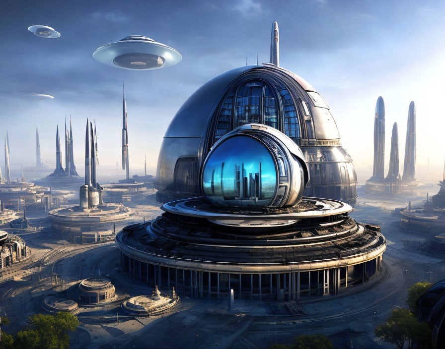 Futuristic cityscape with towering spires and flying saucers in a dome-filled setting