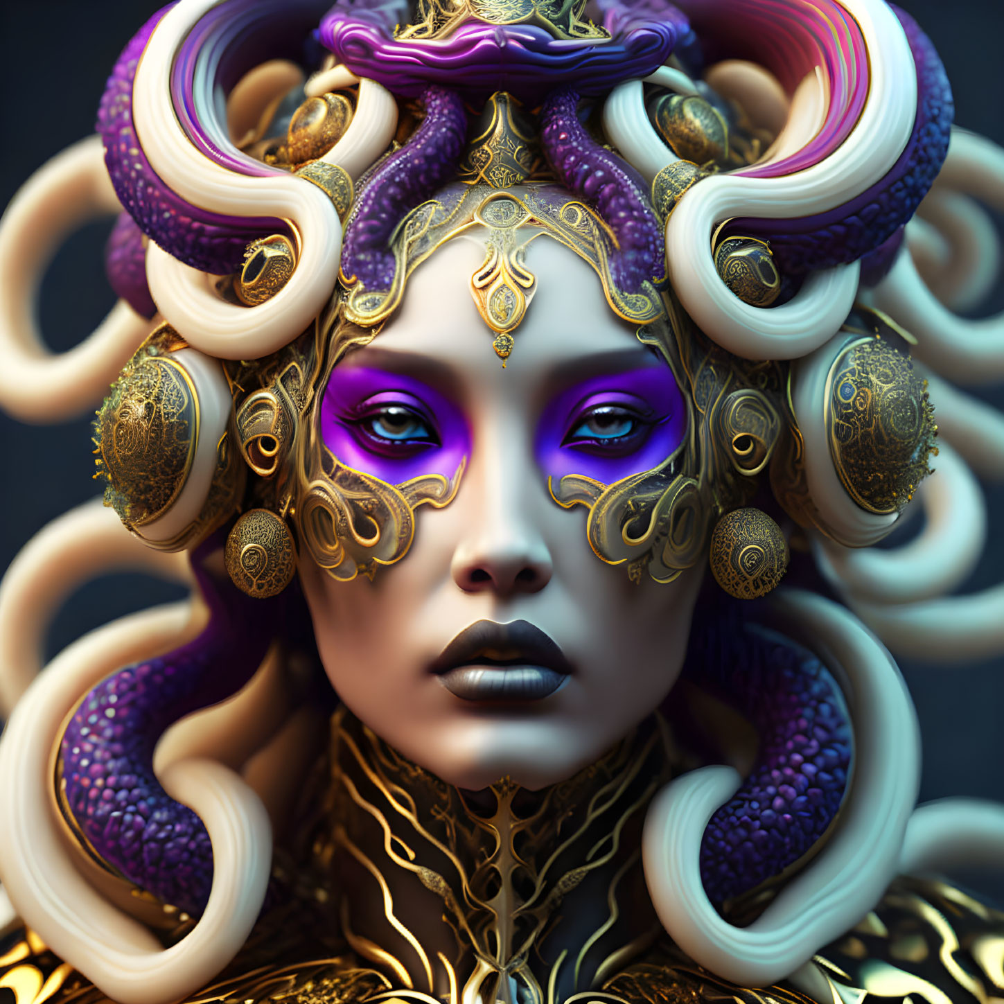 Detailed surreal portrait with golden and purple ornate headdress.