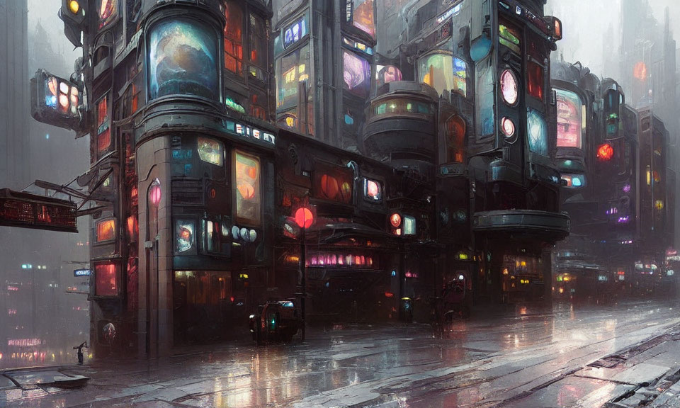 Futuristic cyberpunk cityscape at night with neon signs, towering buildings, and rain-soaked