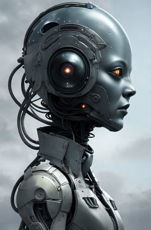 Highly Detailed Humanoid Robot Portrait with Metallic Head and Orange-Lit Eyes