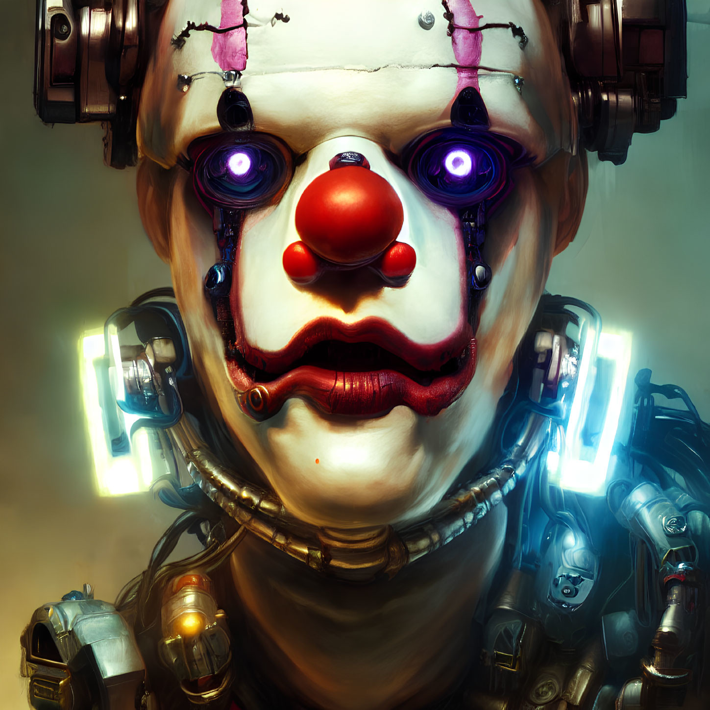 Digital Artwork: Robotic Clown with Glowing Purple Eyes