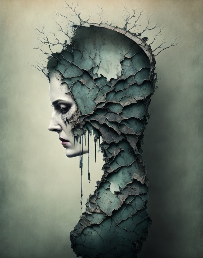 Person with cracked leaf-like head and tree branches, surreal portrait.