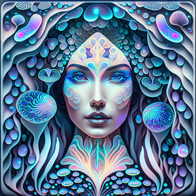 Colorful Psychedelic Portrait of Woman with Blue Skin and Intricate Patterns