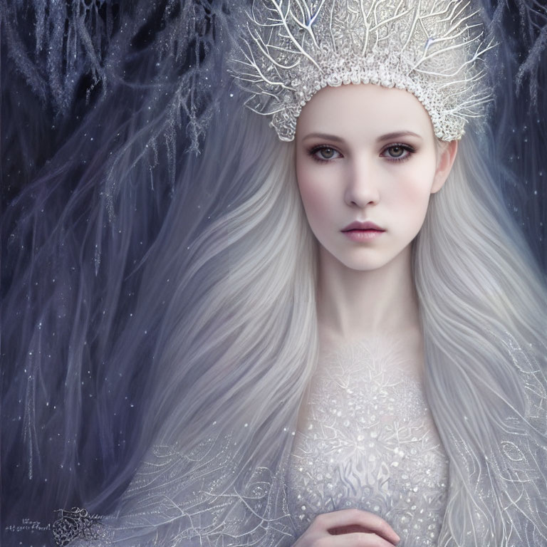 Fair-skinned woman with white hair in icy crown and gown against wintery background