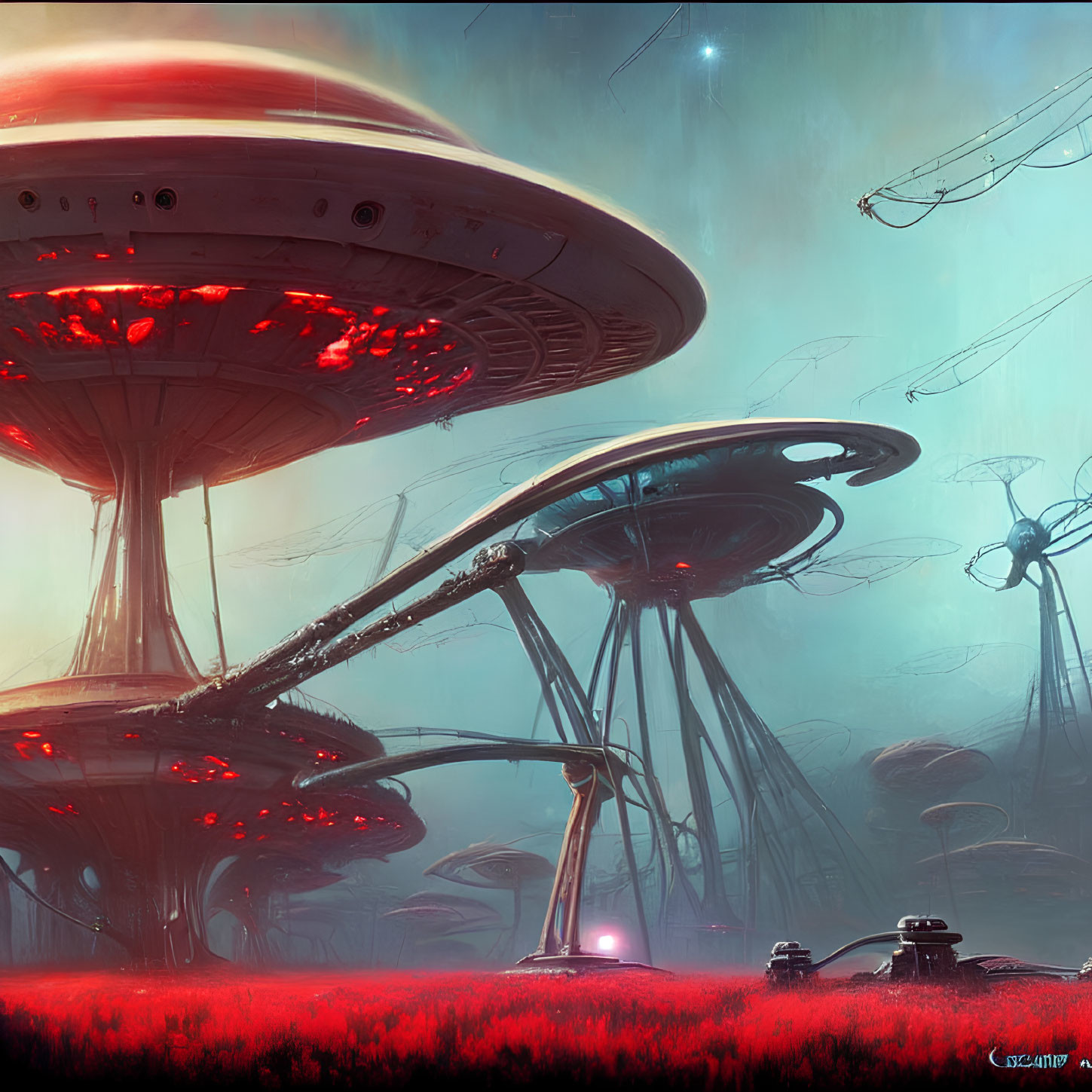 Alien structures and spacecraft in crimson field under hazy sky