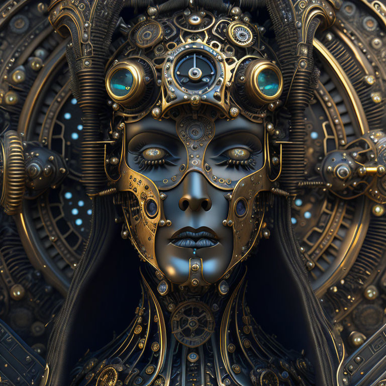 Detailed Steampunk Robotic Face with Gears and Cogs