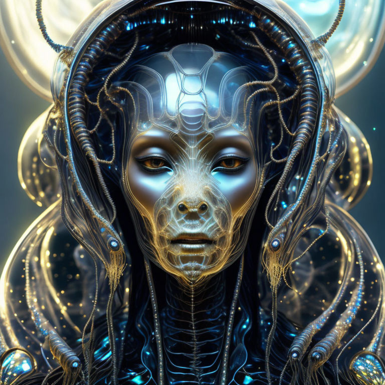 Alien figure with glowing skin patterns and light orbs.