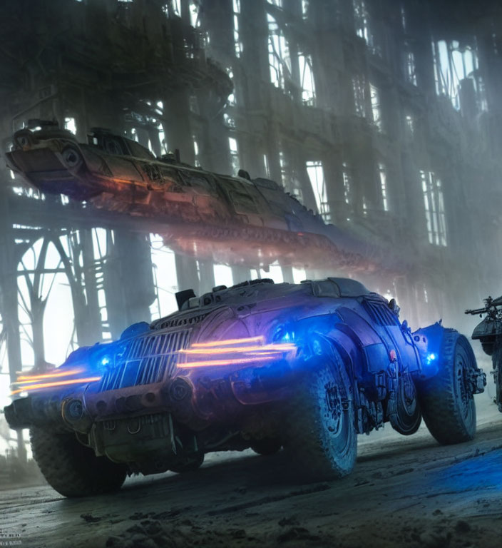 Futuristic vehicles with blue neon lights in industrial setting