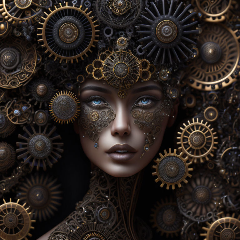 Steampunk-themed woman's face with golden gears and clockwork