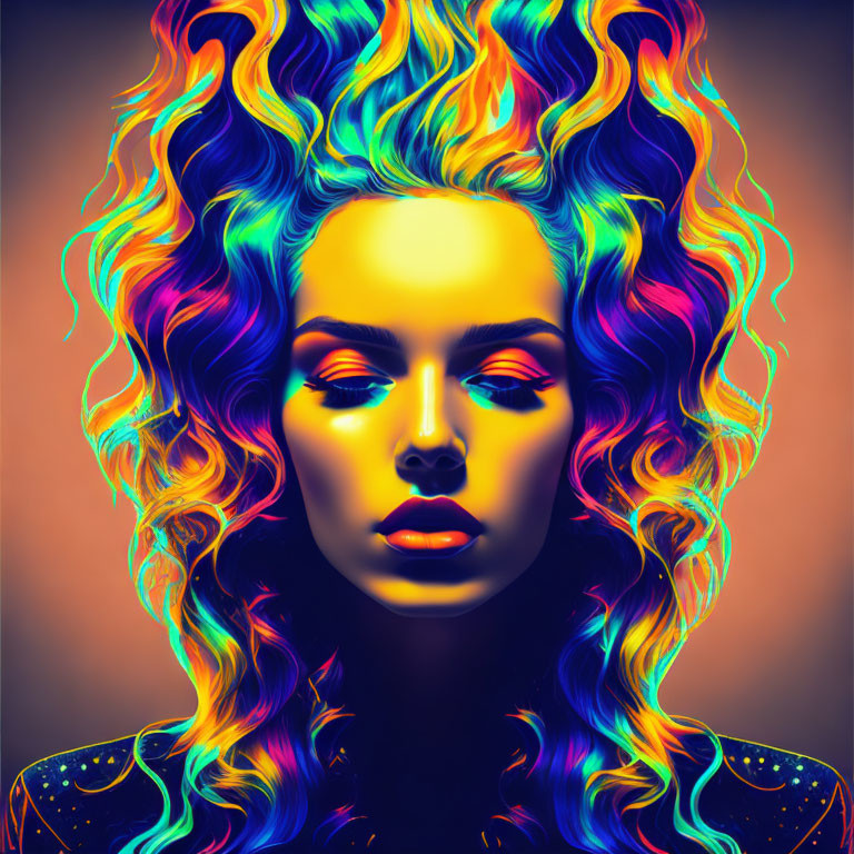 Vibrant multicolored hair woman in digital artwork