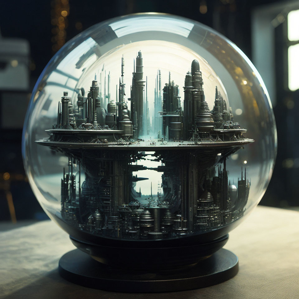 Detailed futuristic cityscape in crystal ball on dark background