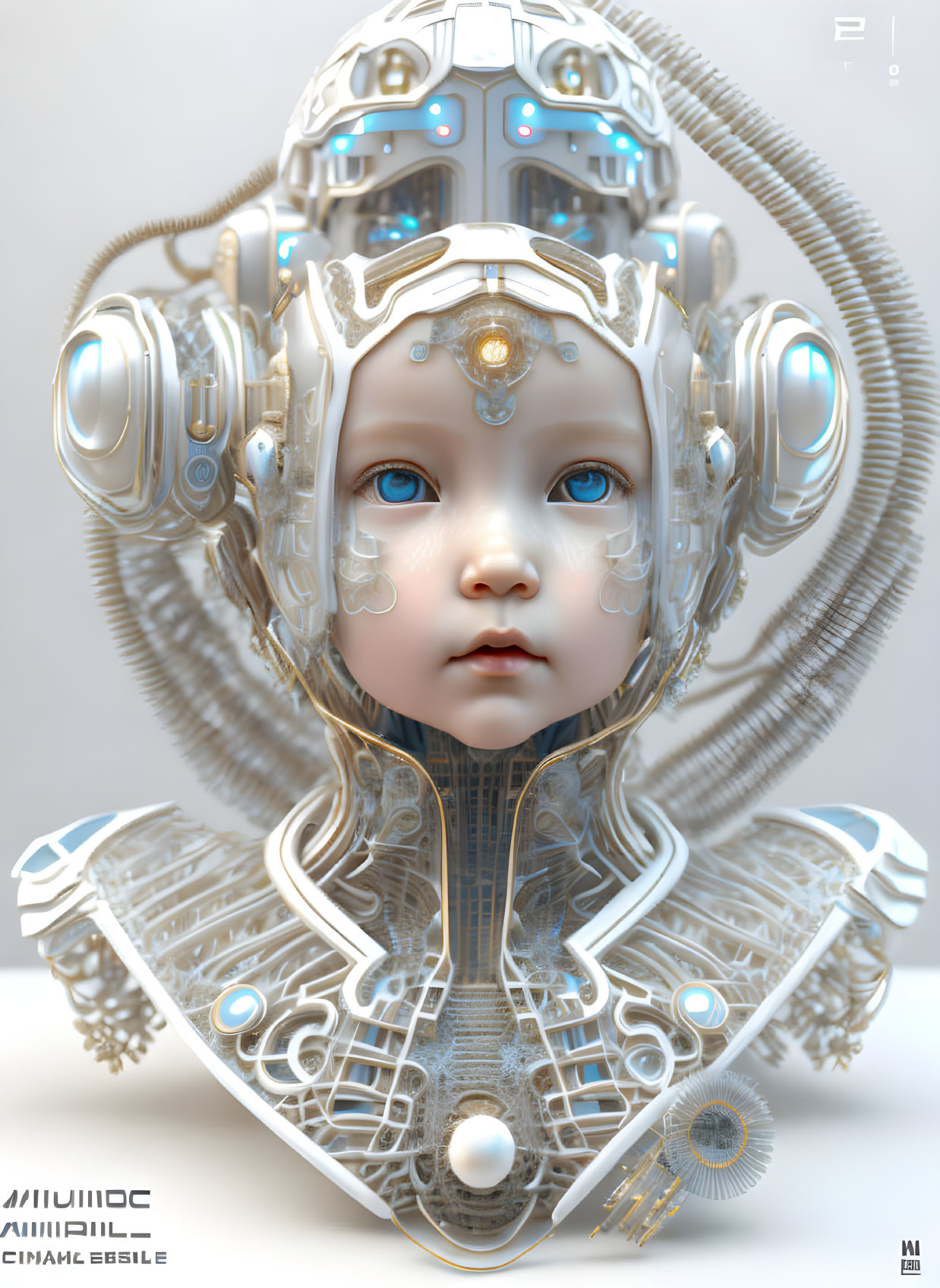 Detailed digital artwork: Robot with child-like face and intricate mechanical parts