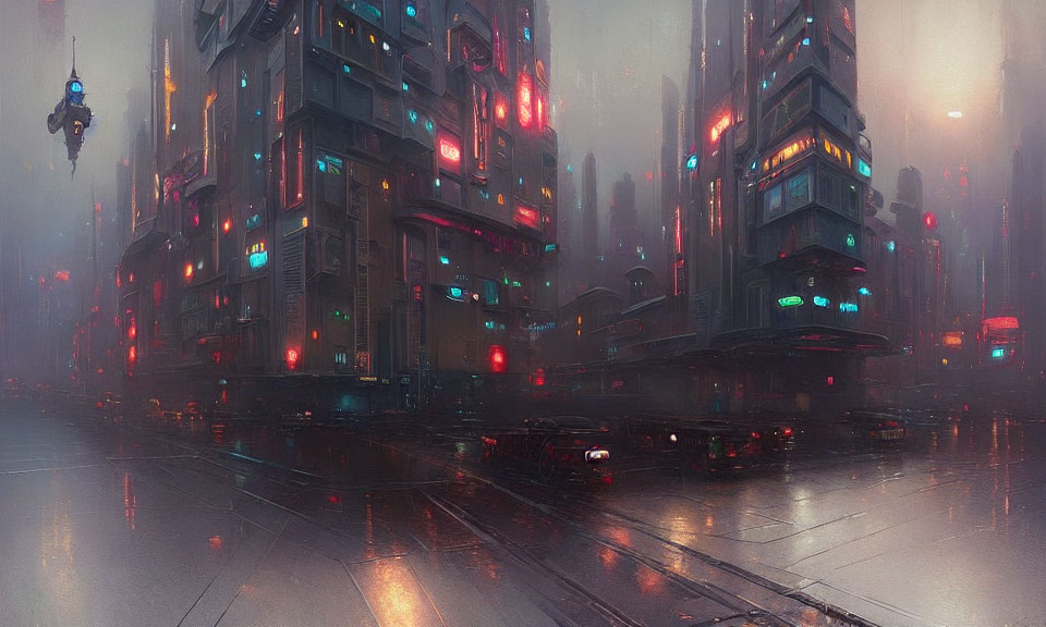 Futuristic neon-lit cityscape on a rainy night