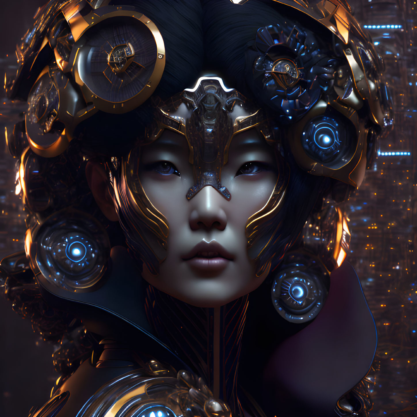 Surreal portrait: person in futuristic golden & black headgear against glittering cityscape