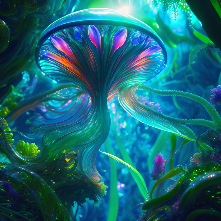 Colorful Jellyfish-Like Entity in Alien Flora Environment