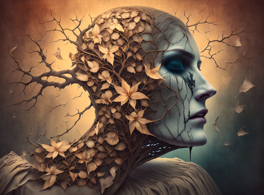 Surreal portrait of woman merging with tree branches and autumn leaves