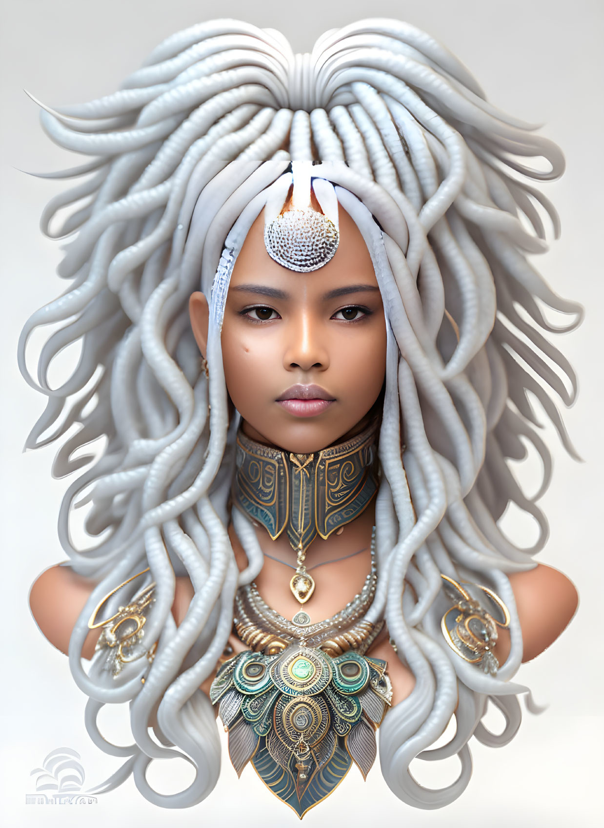 Elaborate White Dreadlocks and Gold Jewelry on Woman Portrait