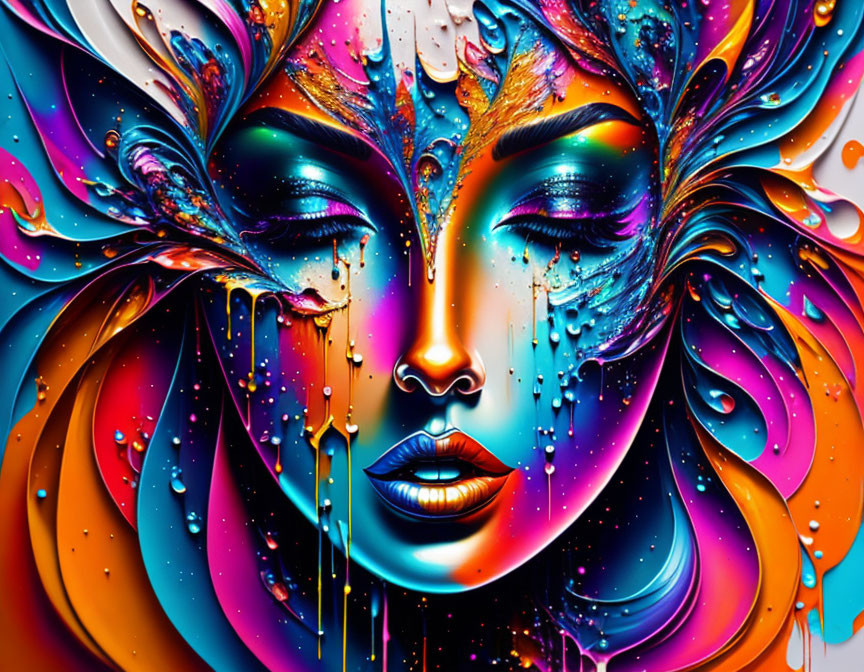 Vivid digital artwork of female face with intricate designs and dripping paint in psychedelic style