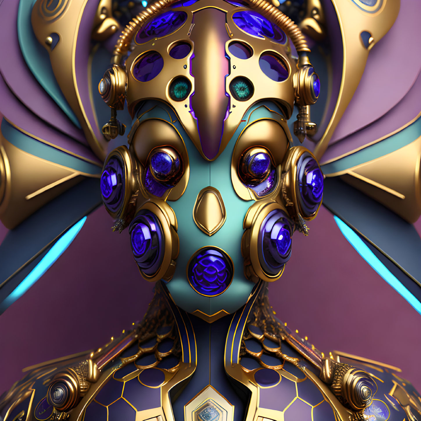 Intricate golden robotic head with glowing purple accents