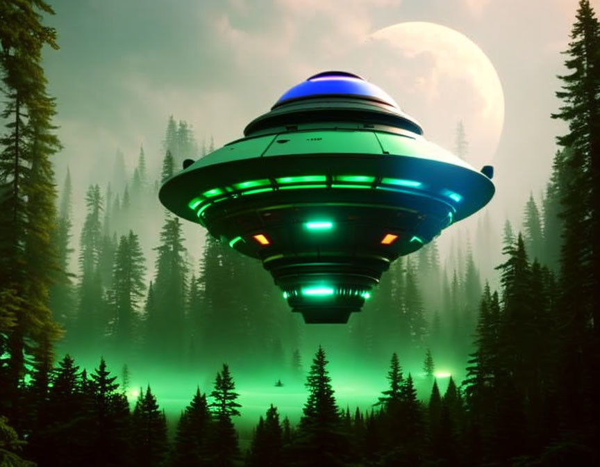 Glowing UFO over misty pine forest at night