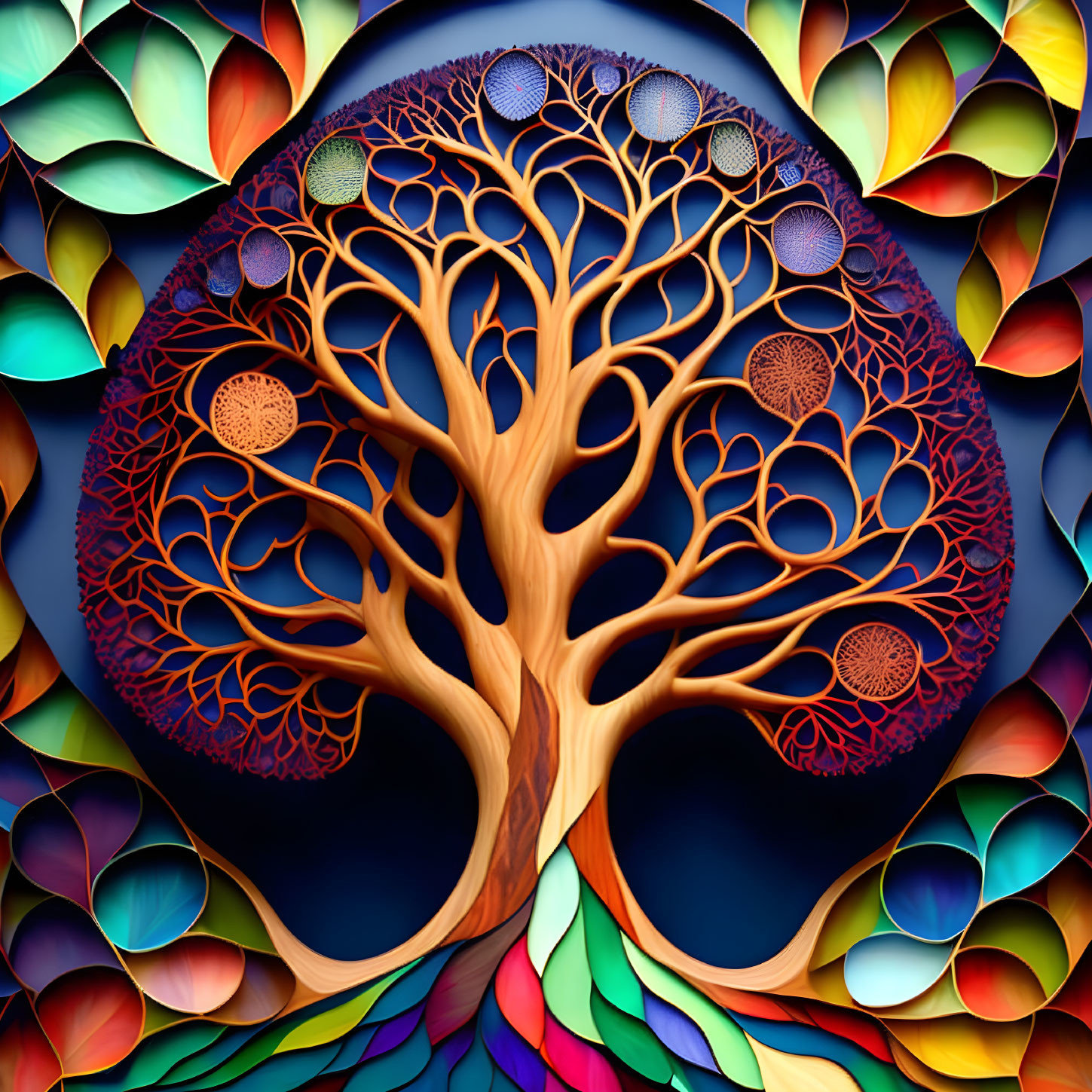 Colorful Tree Artwork with Intricate Branches and Circular Patterns