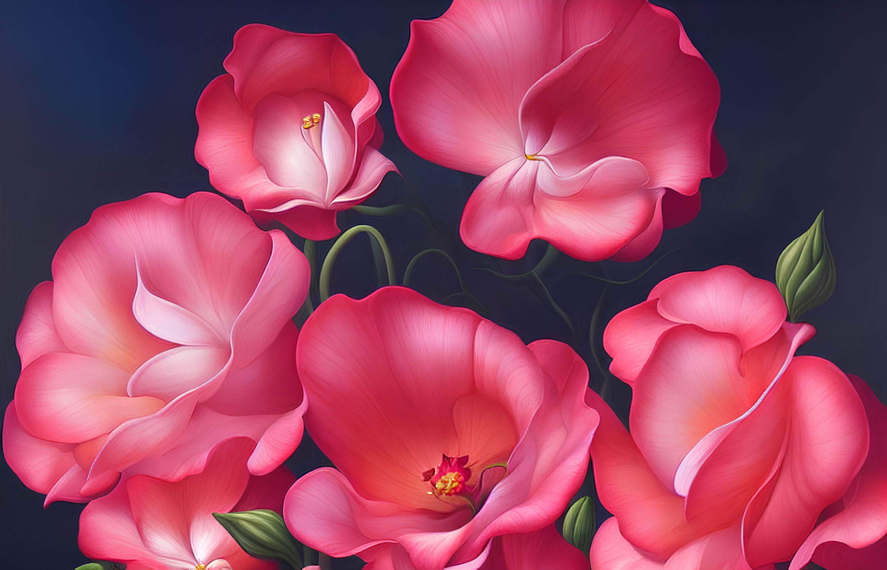 Detailed digital illustration of pink roses on dark blue background