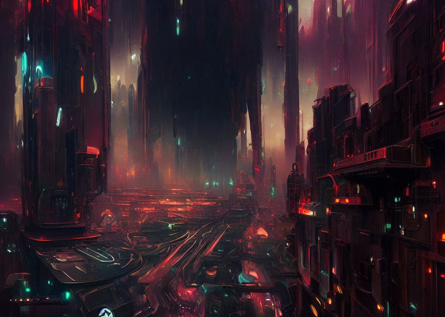 Futuristic cyberpunk cityscape with neon lights & skyscrapers