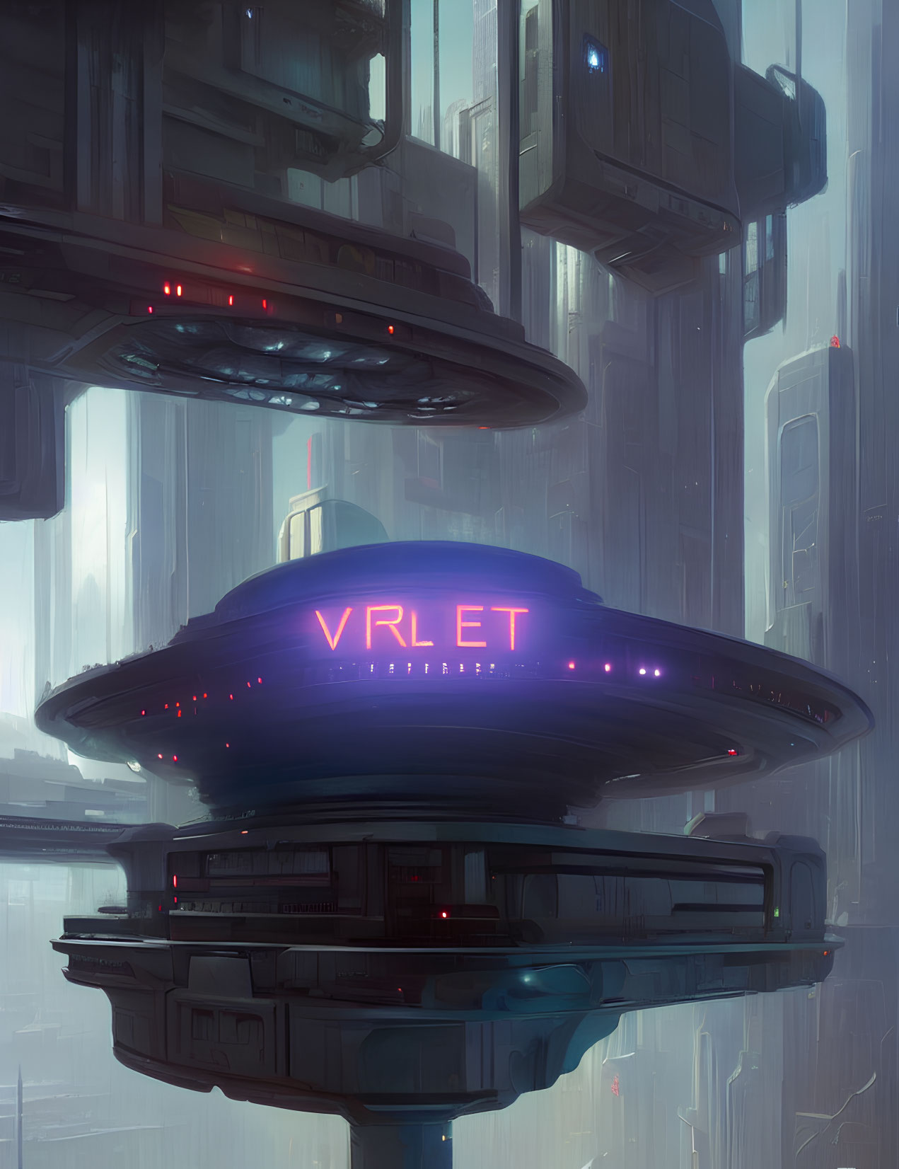 Futuristic cityscape with towering structures and neon-lit flying saucer.