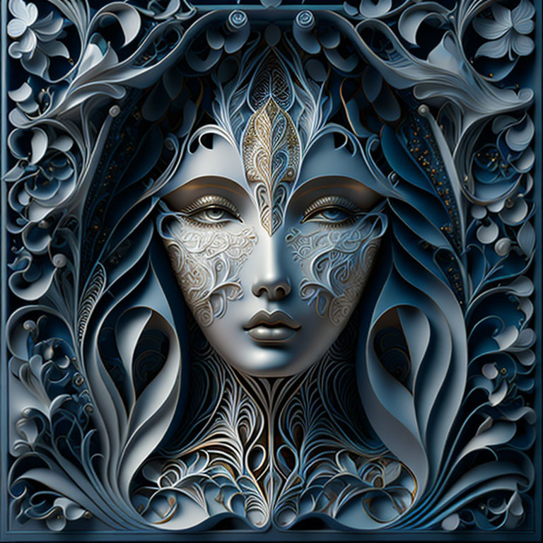 Symmetrical digital artwork: Woman's face with metallic leaf patterns in blue and gray on floral background