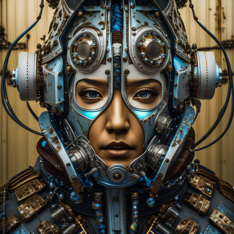 Detailed Portrait of Blue and Metallic Humanoid Robotic Face