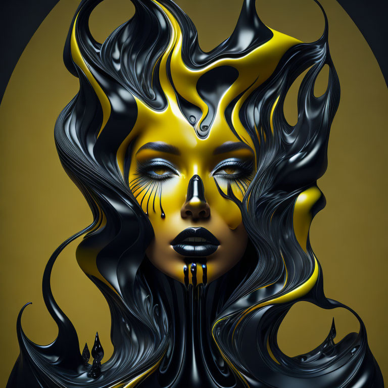 Abstract digital artwork: Woman with black and gold liquid shapes on yellow backdrop