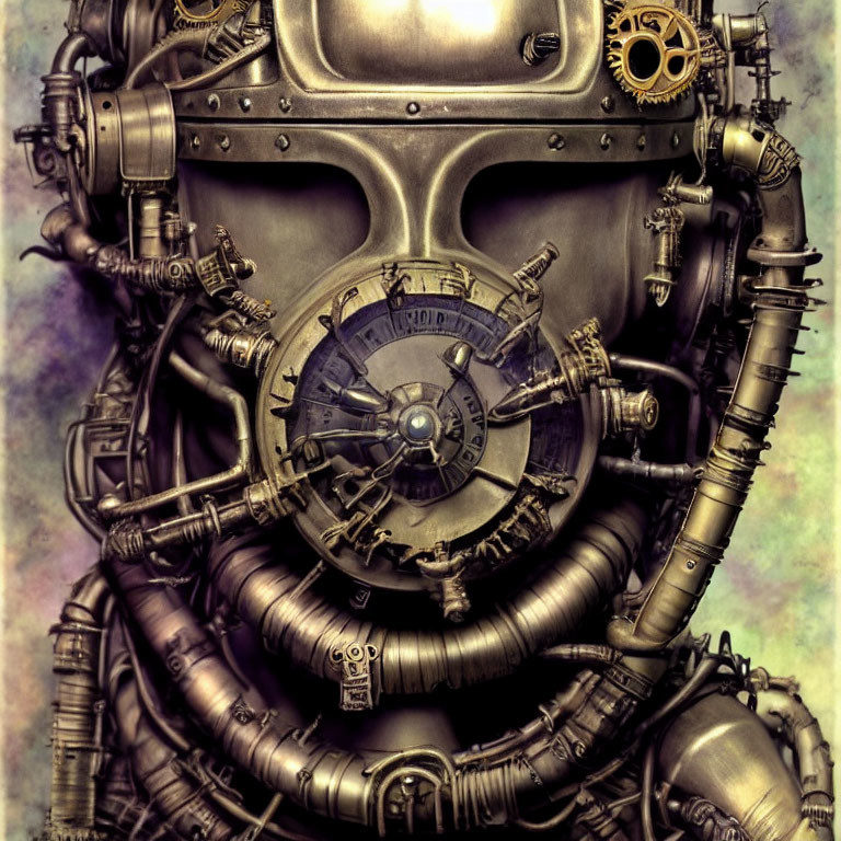 Steampunk apparatus with gears, pipes, and central wheel on textured backdrop