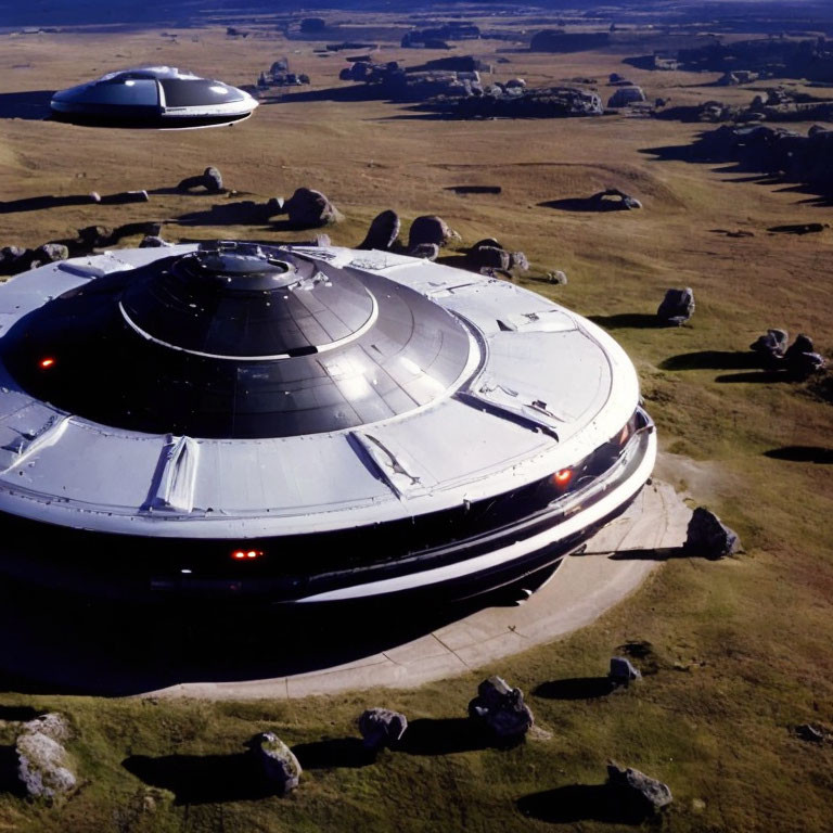 Two UFOs over rural grassy area with rocks and houses under clear blue sky