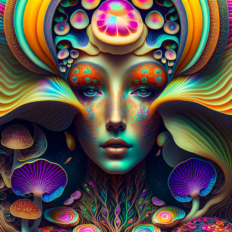 Colorful Psychedelic Art: Woman's Face with Patterns, Mushrooms, and Plant Motifs