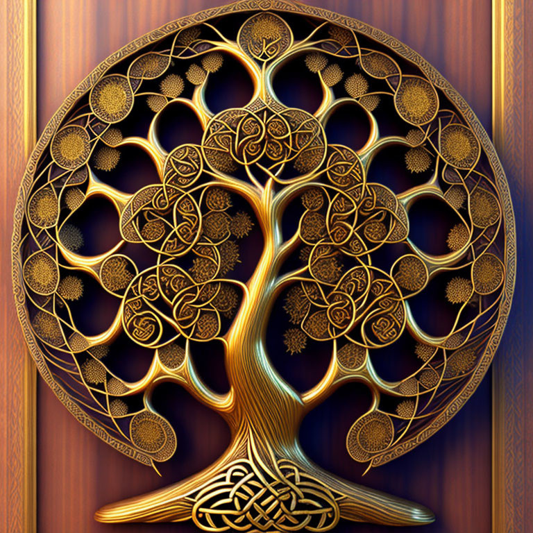 Golden Tree of Life Celtic Knot Design on Wood Grain Background