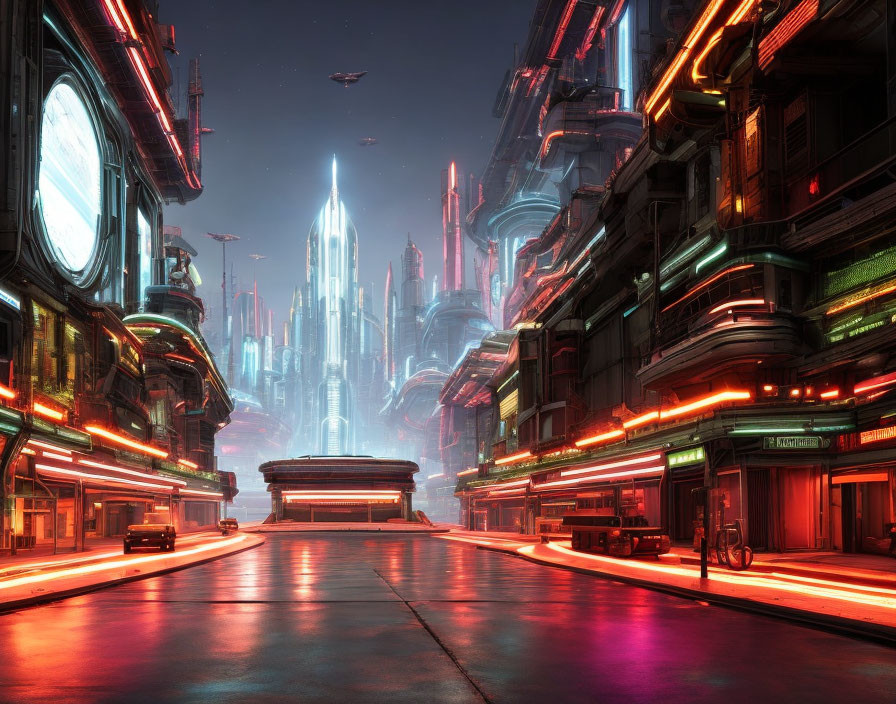 Futuristic night cityscape with glowing neon lights