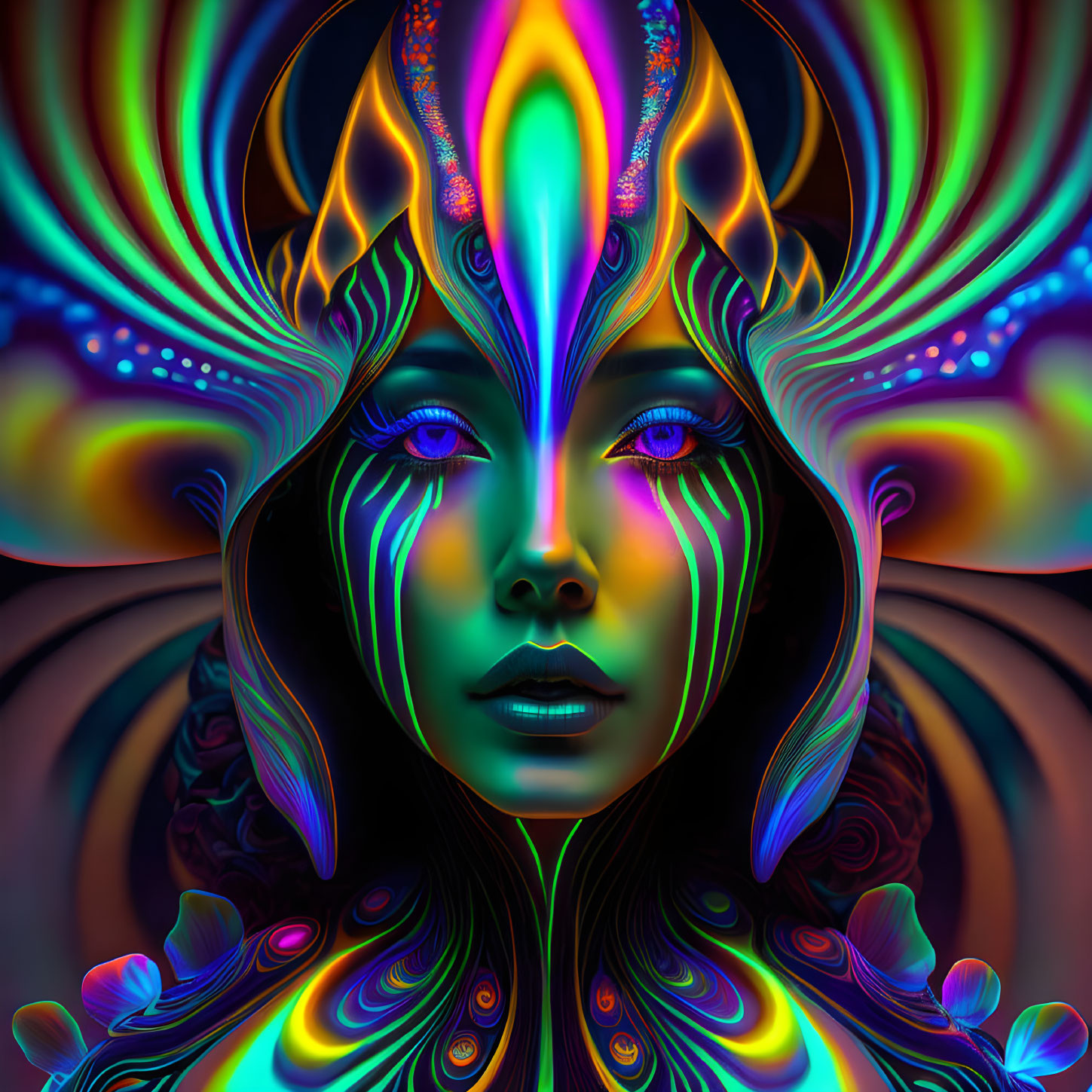 Colorful Digital Artwork: Woman Surrounded by Neon Colors and Psychedelic Patterns