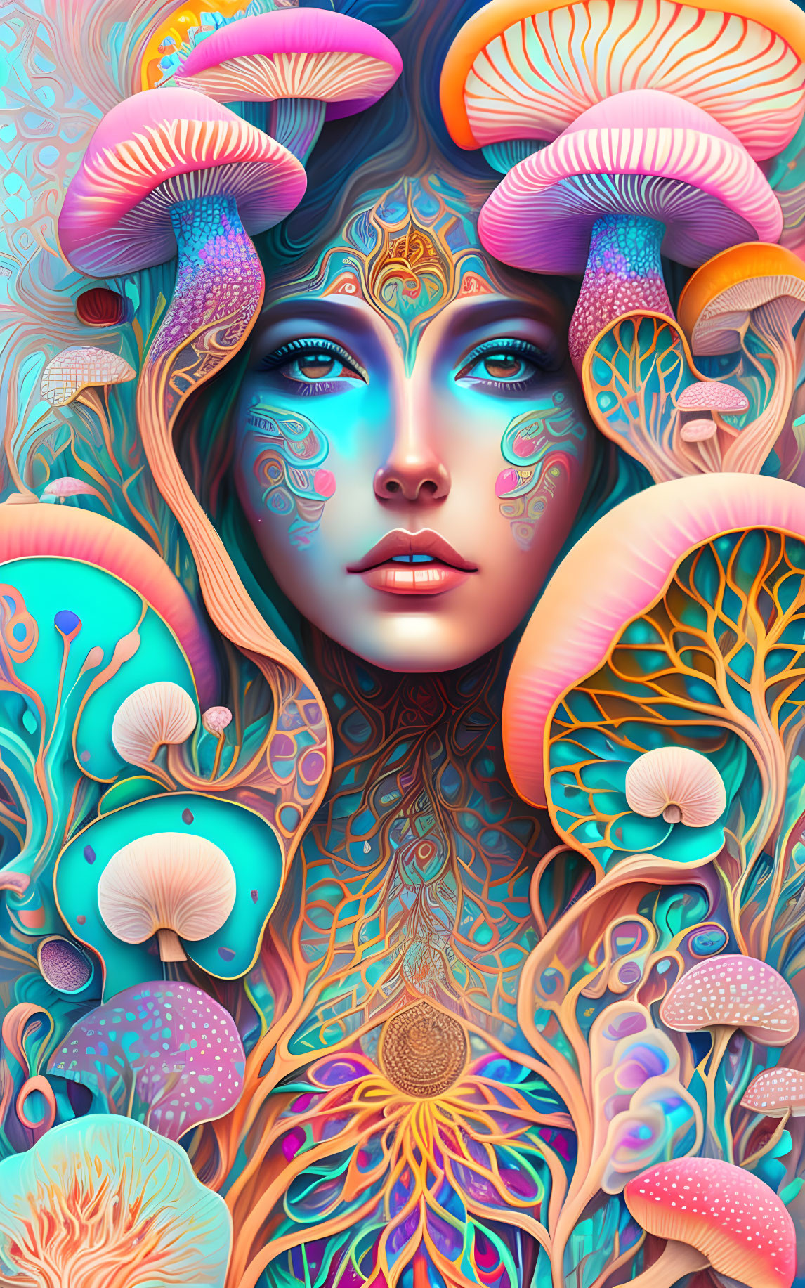 Colorful psychedelic woman's face with mushroom patterns illustration