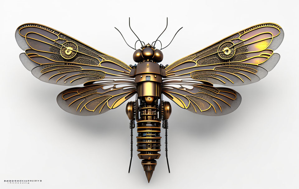 Mechanical dragonfly with golden gears on pale background