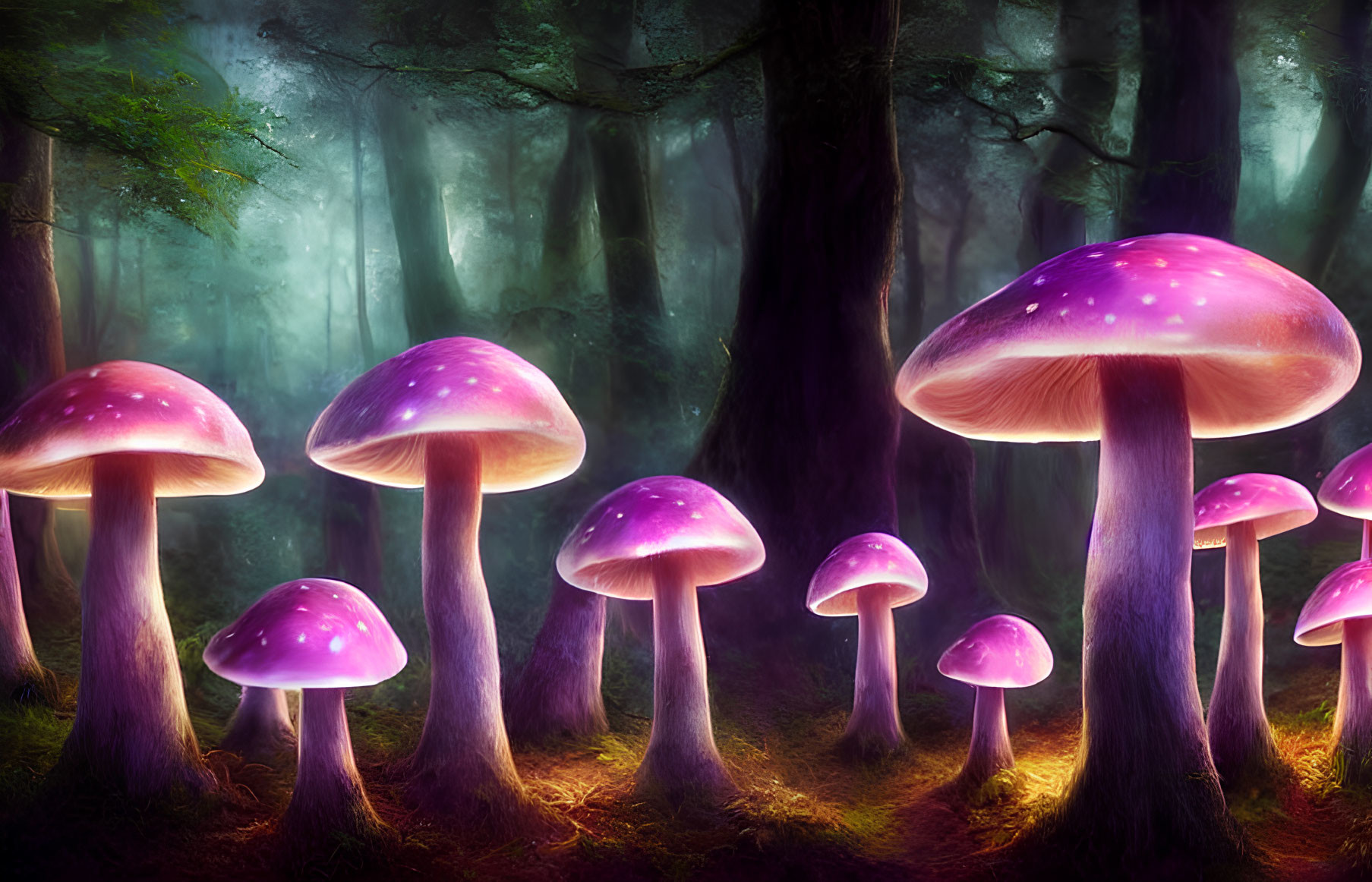 Enchanting forest with oversized purple mushrooms in misty ambiance