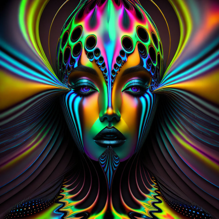 Colorful digital art portrait of a woman with intricate psychedelic patterns and circular headdress.