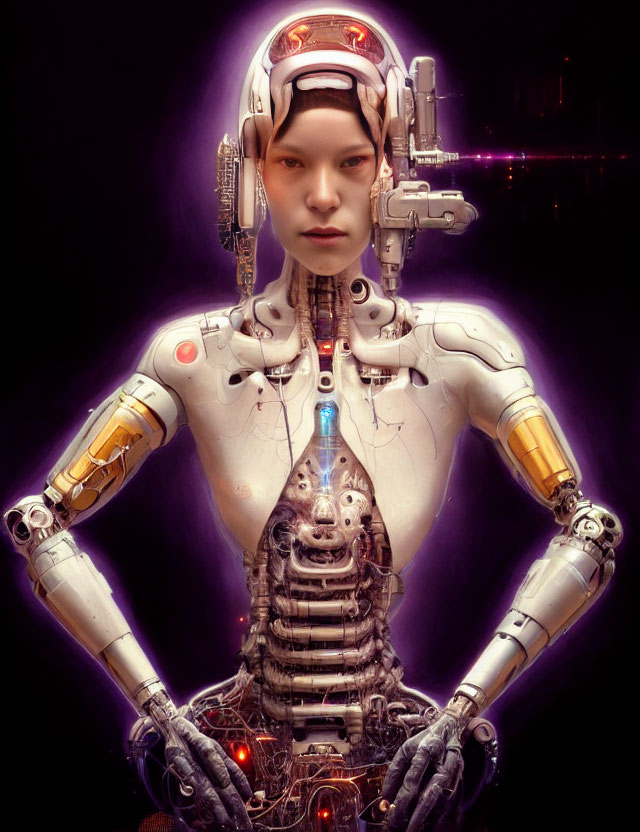 Realistic female humanoid robot with visible inner workings on dark purple background