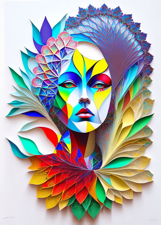 Vibrant woman's face with intricate paper layers