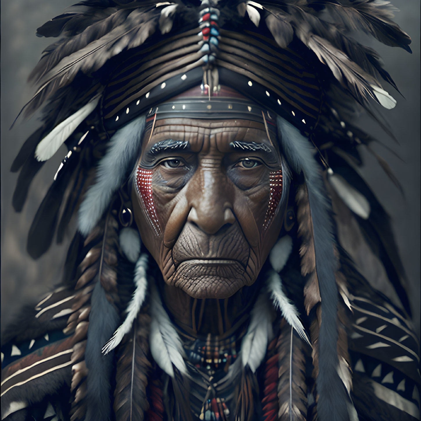 Elder with feathered headdress and face paint symbolizes cultural heritage