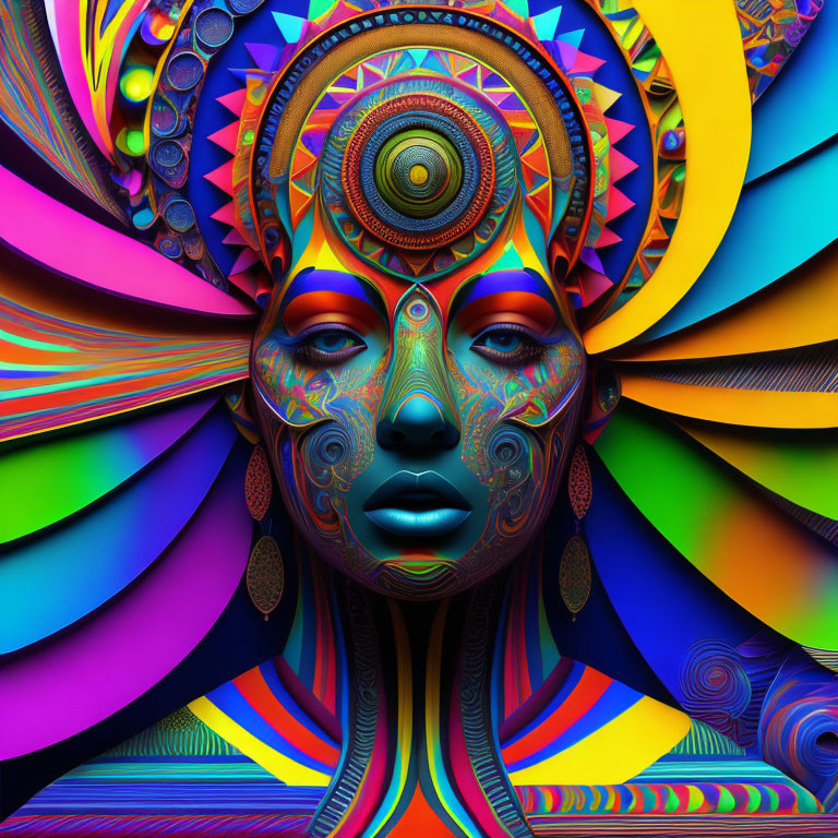 Colorful Symmetrical Abstract Design with Serene Female Face