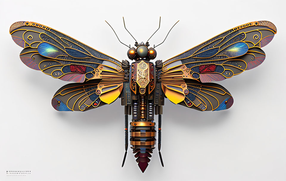 Intricately designed mechanical butterfly with iridescent wings