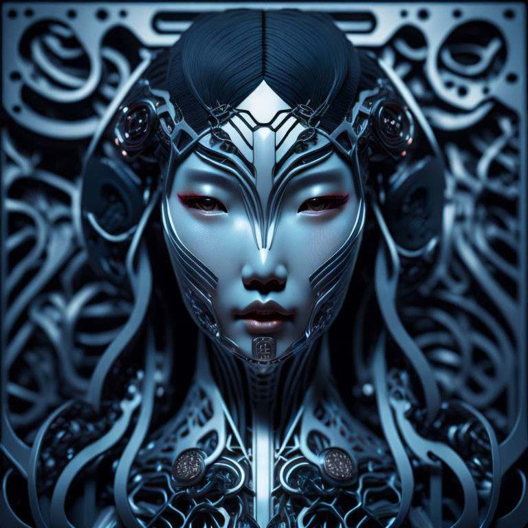 Digital Art: Female Figure with Metallic Cyborg Face in Cool Blue Tone