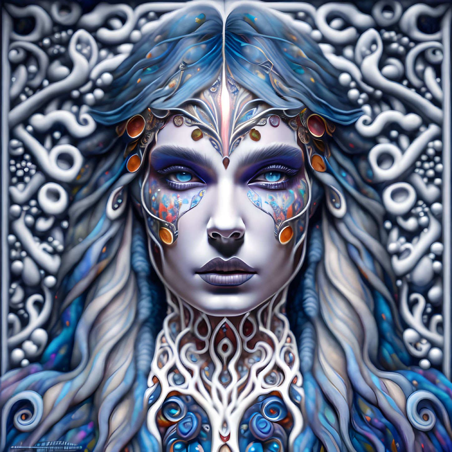 Female figure with blue fantasy makeup and intricate background.