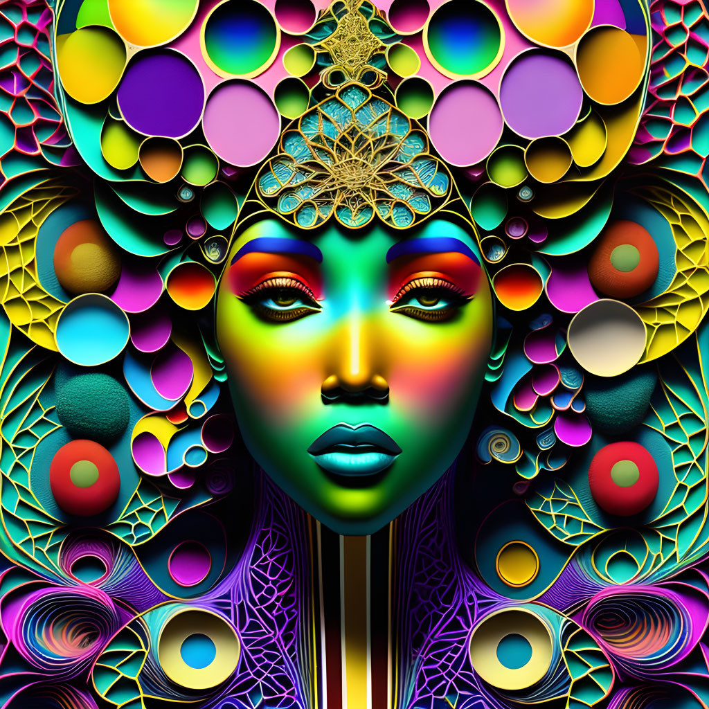 Colorful digital artwork of stylized female face with intricate geometric patterns